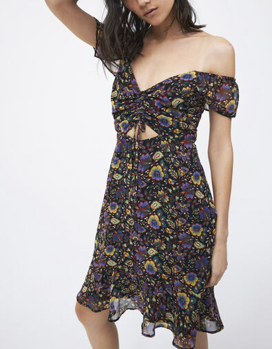 Robe noire épaules élastiquées imprimé maxi fleurs Femme - IKKS