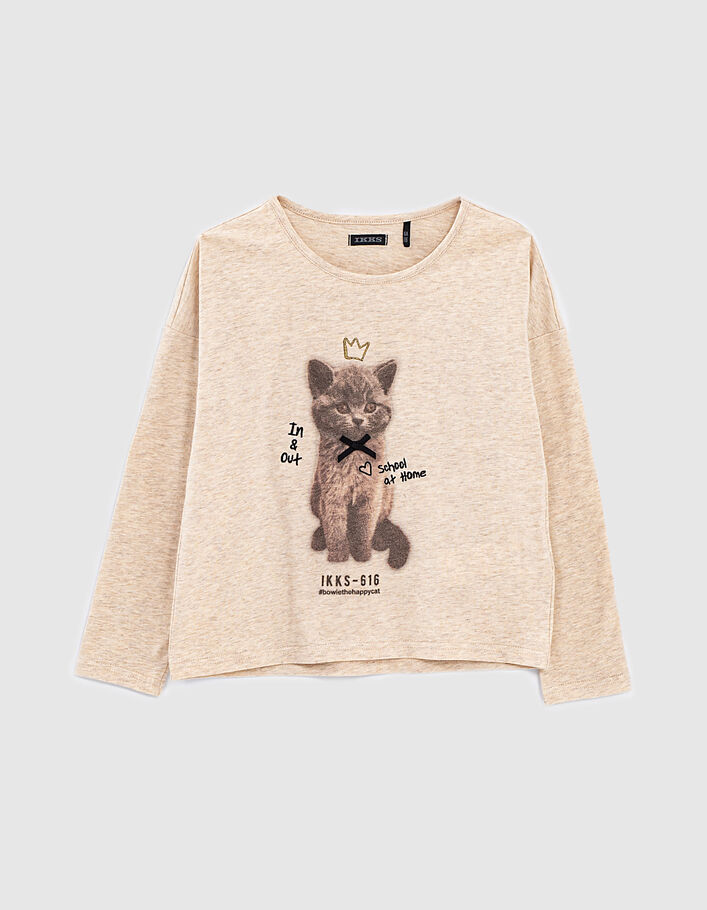 Gemêleerde zandkleur T-shirt kat #bowiethehappycat meisjes - IKKS
