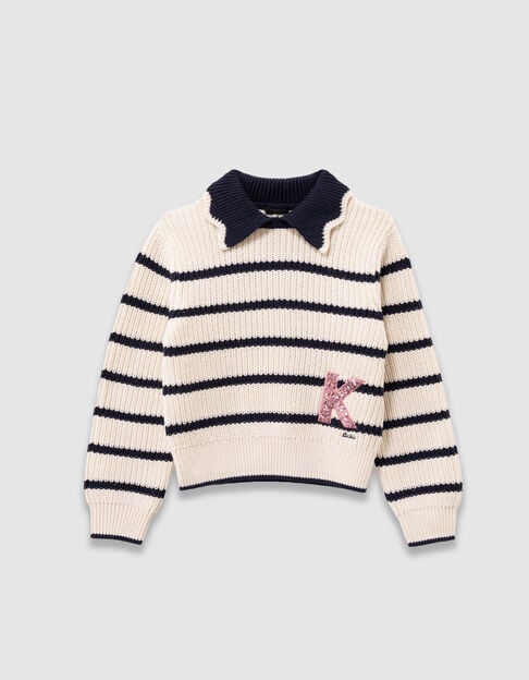 Ecru M&auml;dchenstrickpulli blau Paillettenbuchstaben Kragen - IKKS