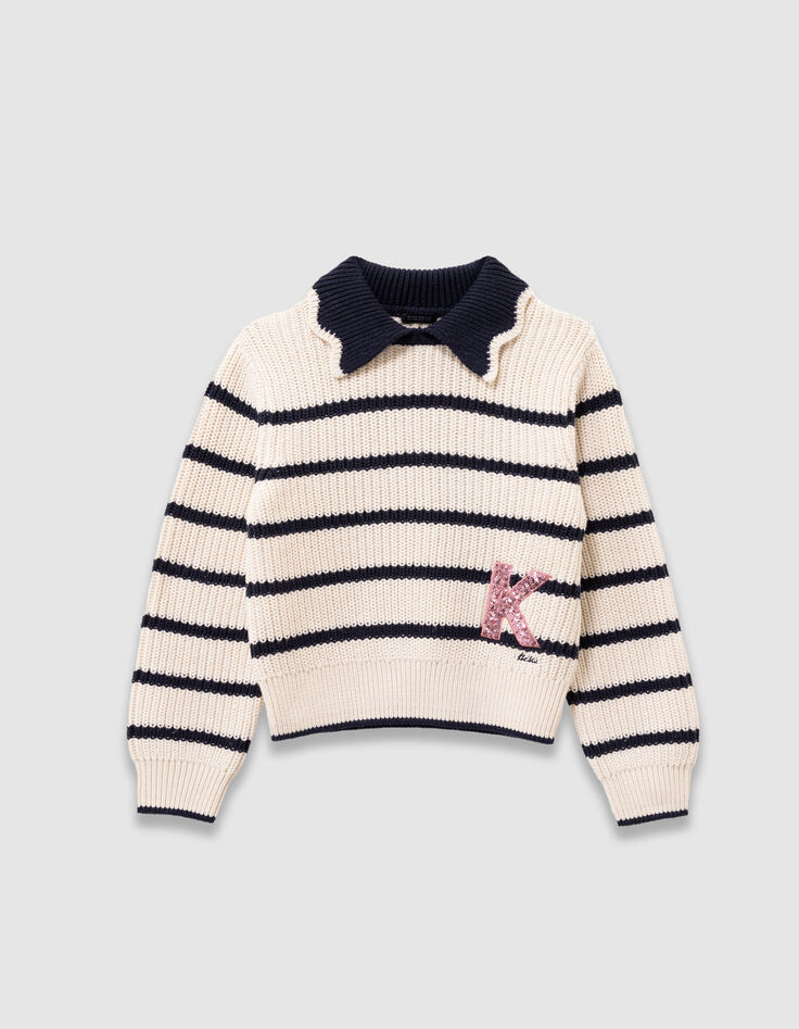 Pull écru tricot col marine lettre sequins fille-2 Pull écru tricot col marine lettre sequins fille-2