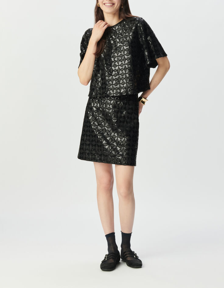 Jupe noire broderies sequins graphiques Femme-1