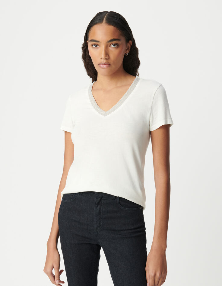 Tee-shirt manches courtes coton modal encolure bijoux femme-3