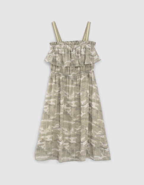 Girls’ khaki camouflage print dress with gold stripes - IKKS