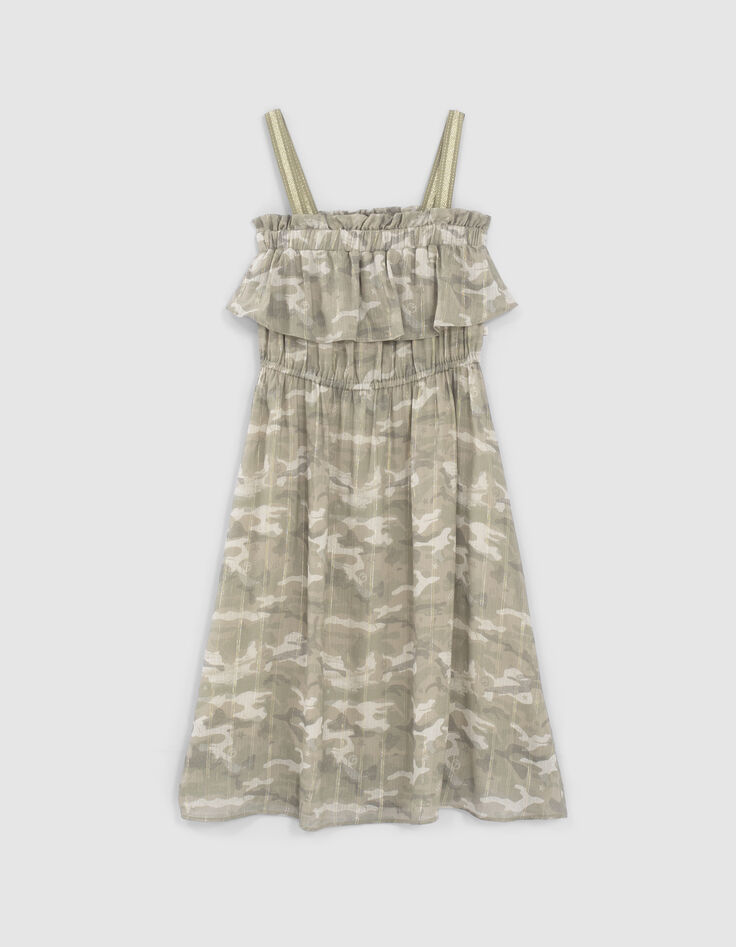 Vestido caqui camuflaje y rayas doradas niña-1