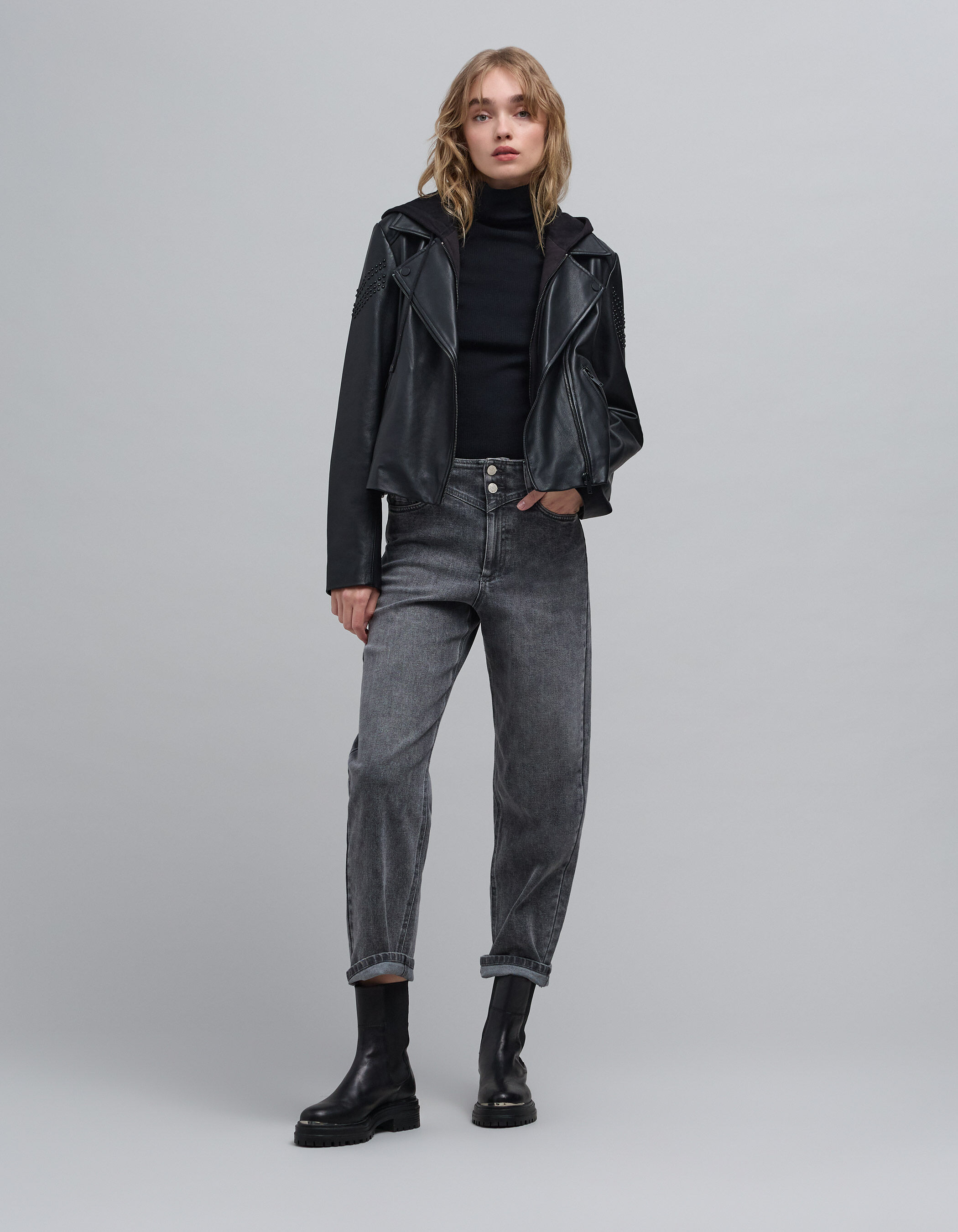 Veste cuir noir motard clous parementure amovible Femme IKKS