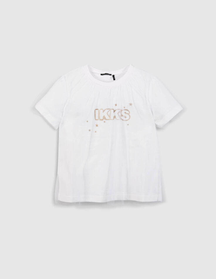 Wei&szlig;es Bi-Material-T-Shirt mit T&uuml;ll-Oberteil M&auml;dchen-1