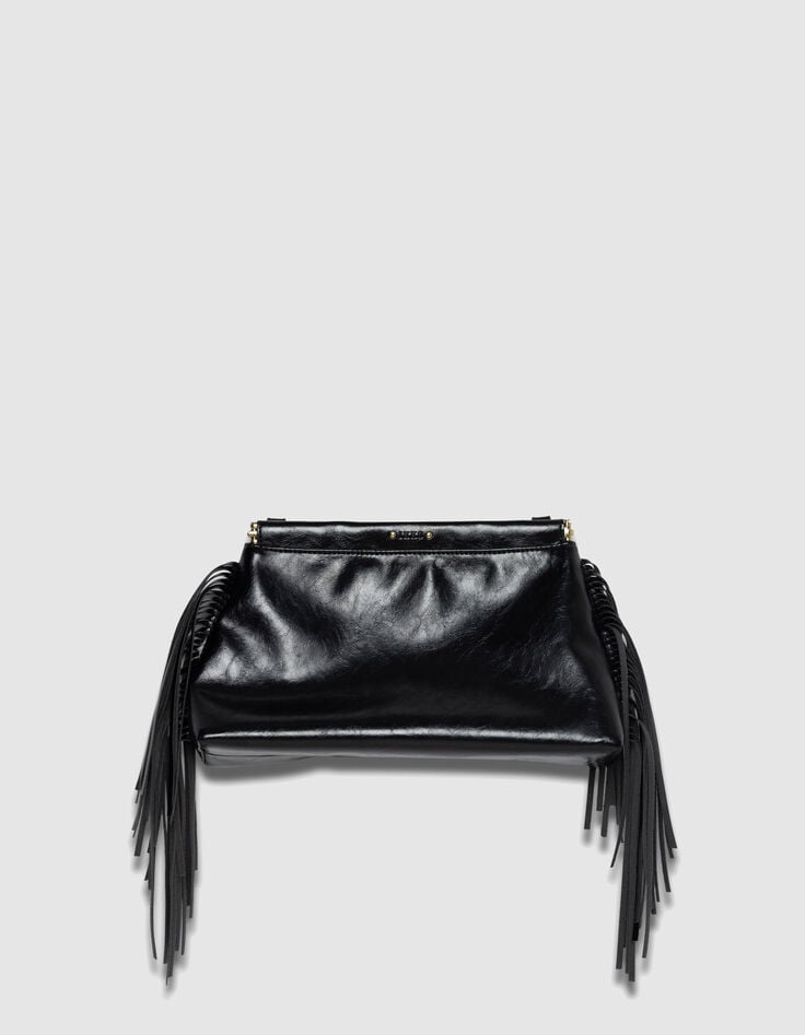 Schwarze Damen-Clutch Glacéleder Fransen-2