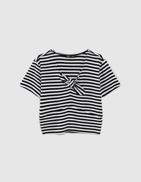 Schwarz-Weiß gestreiftes Mädchen-T-Shirt mit Schleife - IKKS
