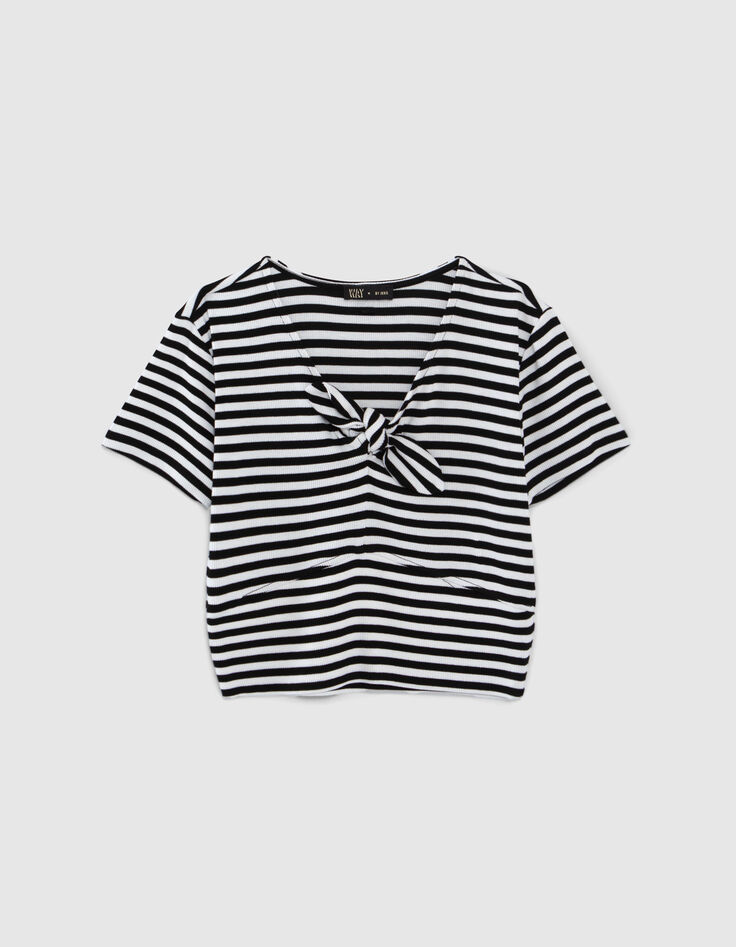 Schwarz-Weiß gestreiftes Mädchen-T-Shirt mit Schleife-1