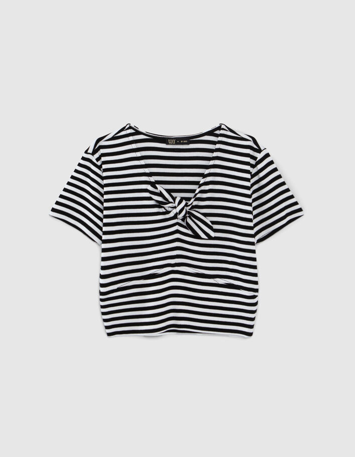Camiseta negra rayas blancas lazo niña - IKKS