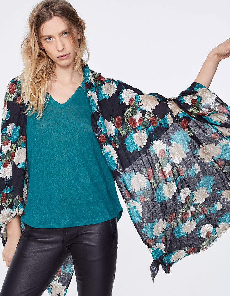 Women’s floral print wool-blend fringed scarf-2