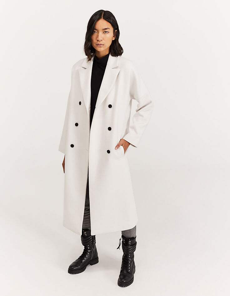 Manteau long écru en drap de laine mélangé femme-2