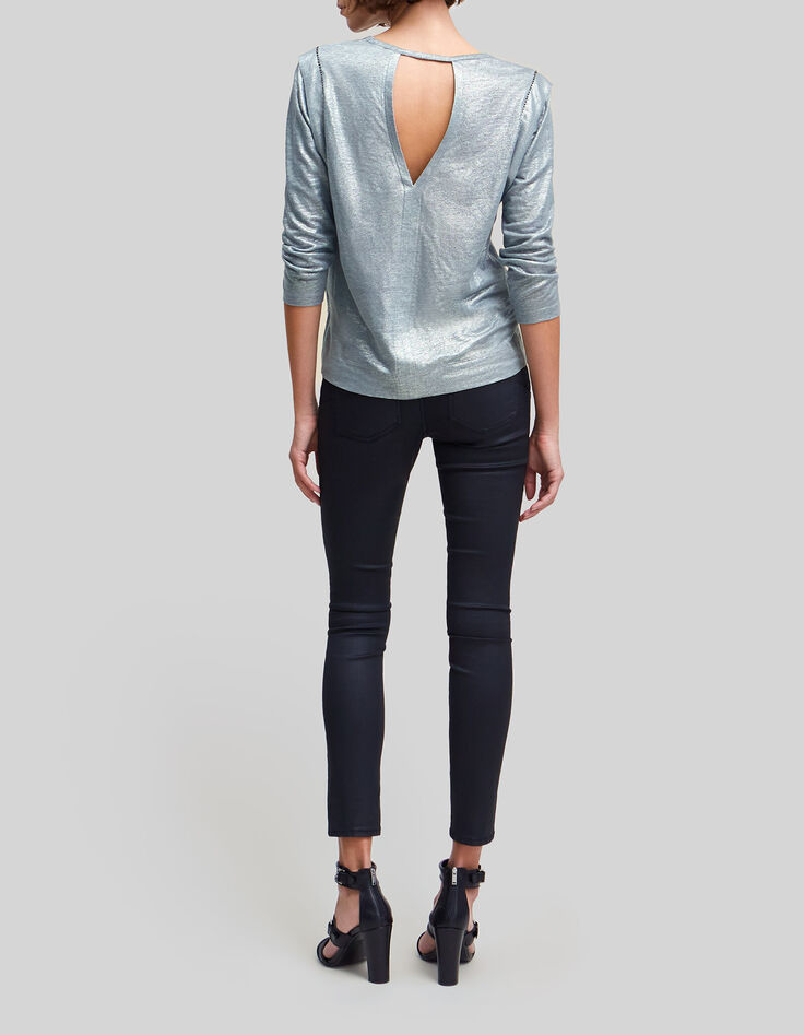 Tee-shirt bleu orage lin foil décor micro perles Femme-5
