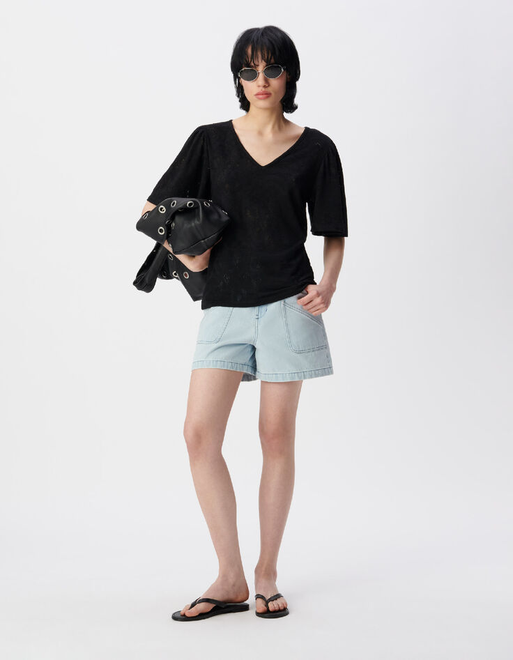 Tee-shirt manches courtes noir ajour&eacute; Femme-1