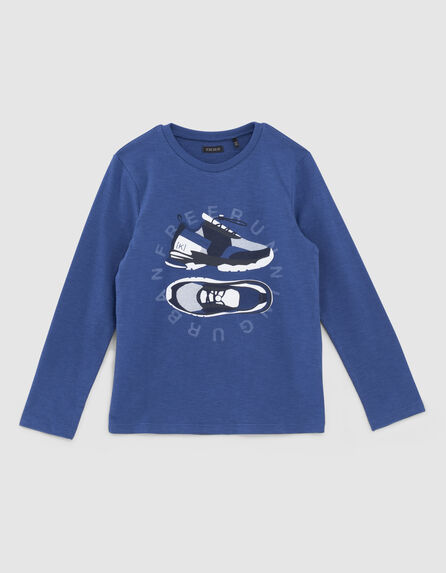 Leuchtend blaues Jungenshirt mit Sneakermotiv 