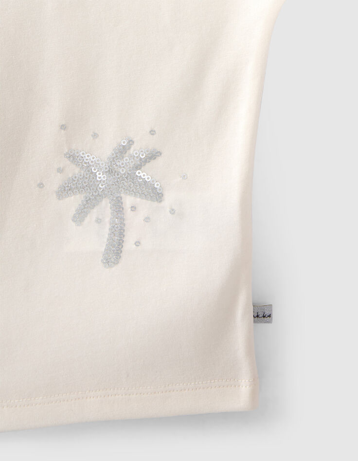 Ecru T-shirt met geborduurde palmen en lovertjes meisjes-4