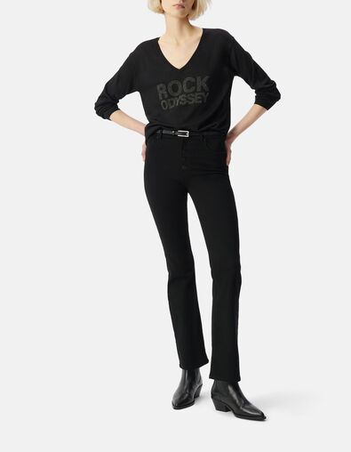 Women's long-sleeved black lurex knit sweater with studded message - IKKS
