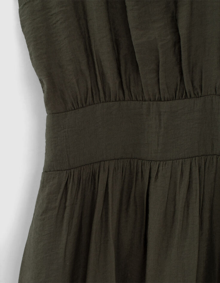 Robe longue kaki bretelles bijoux et fente femme-3