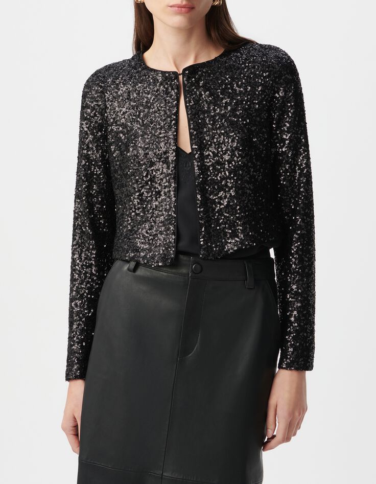 Women's short black jacket with sequin embroidery-2