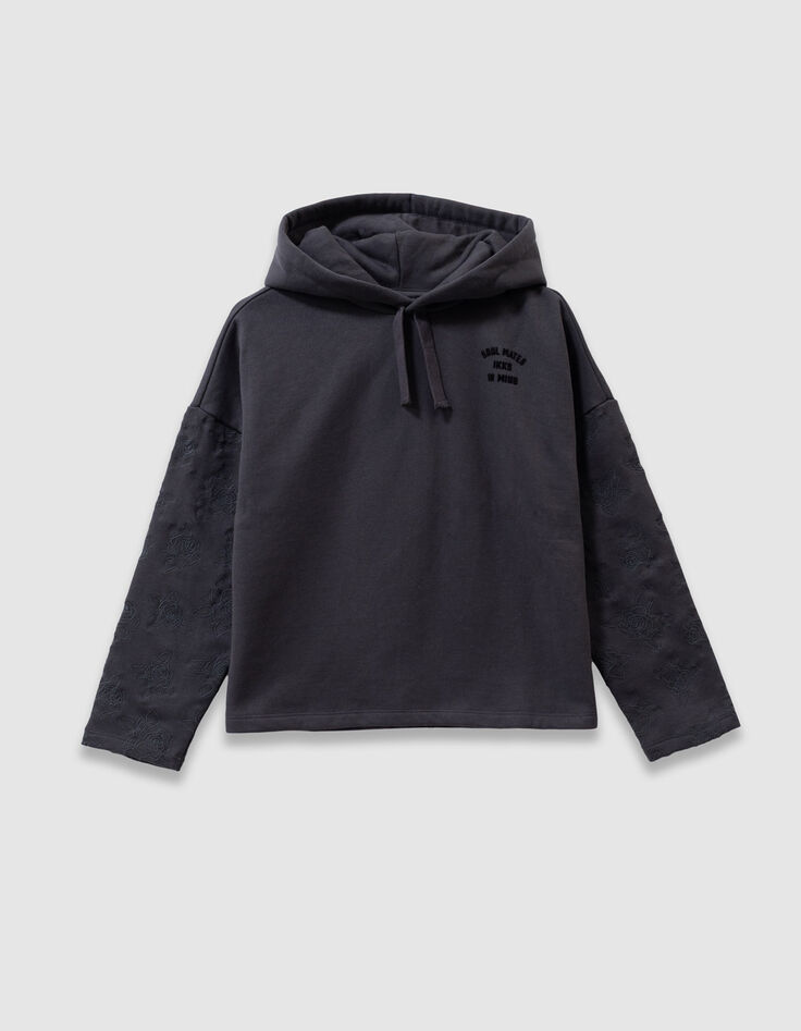 Sudadera capucha gris mangas bordadas niña-3