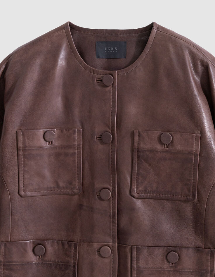 Women's brown faded leather coat with patch pockets-7