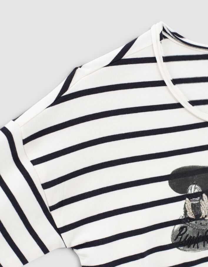 Girls’ ecru striped T-shirt with cap image-7
