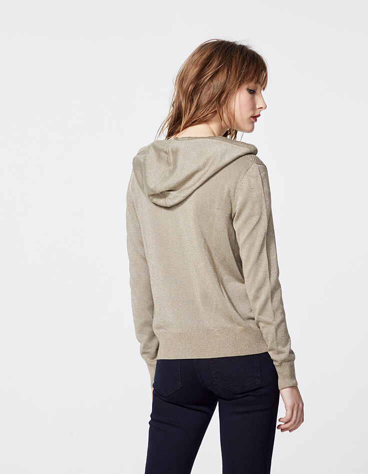 Cardigan zippé métallisé à capuche points résille femme-3 Cardigan zippé métallisé à capuche points résille femme-3