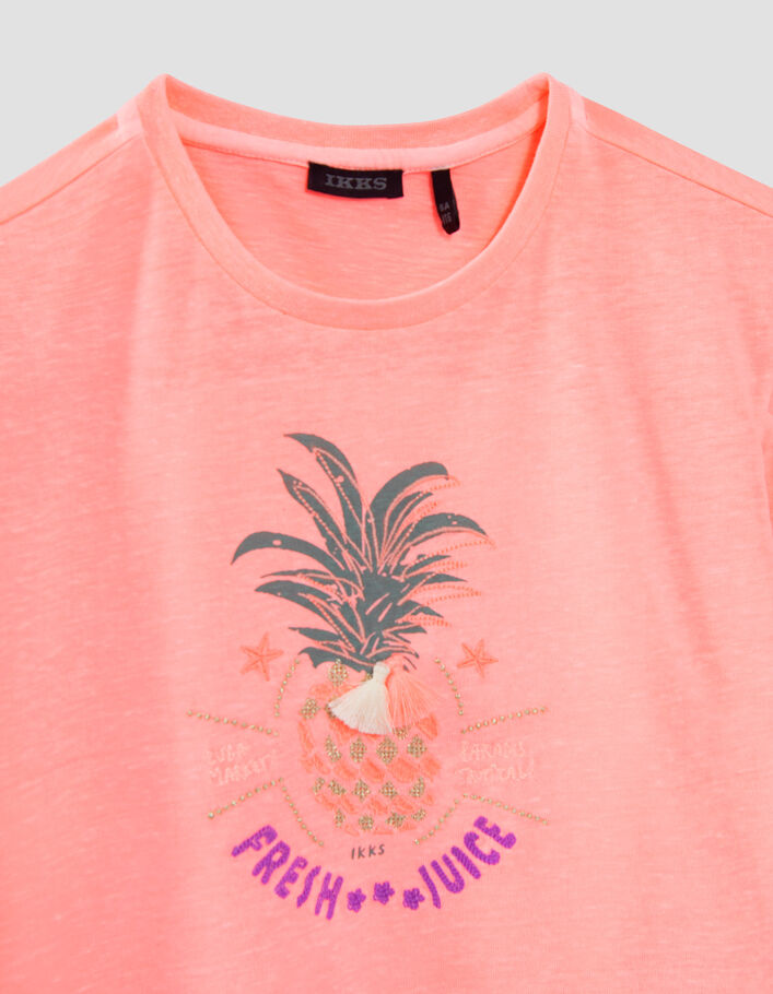 Girls’ neon pink T-shirt with embroidered pineapple image - IKKS