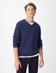 Marineblauwe herentrui met V-hals, 100% wol-1