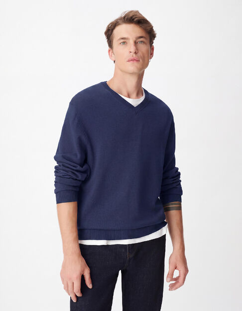 Marineblauwe herentrui met V-hals, 100% wol - IKKS