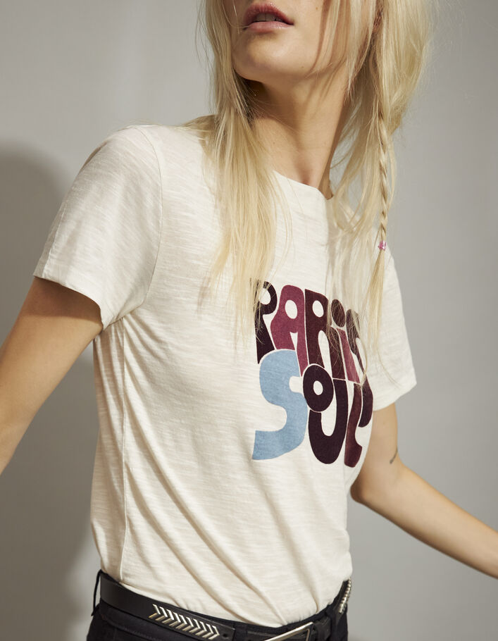 Women’s ecru slogan image cotton short sleeve T-shirt - IKKS