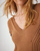 Robe courte camel en maille jeux de points chevrons femme-5