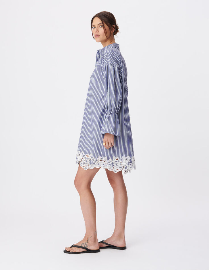 Blue striped shirt dress with lace for women-4