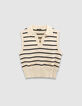 Pull polo blanc tricot rayures marine Femme-5