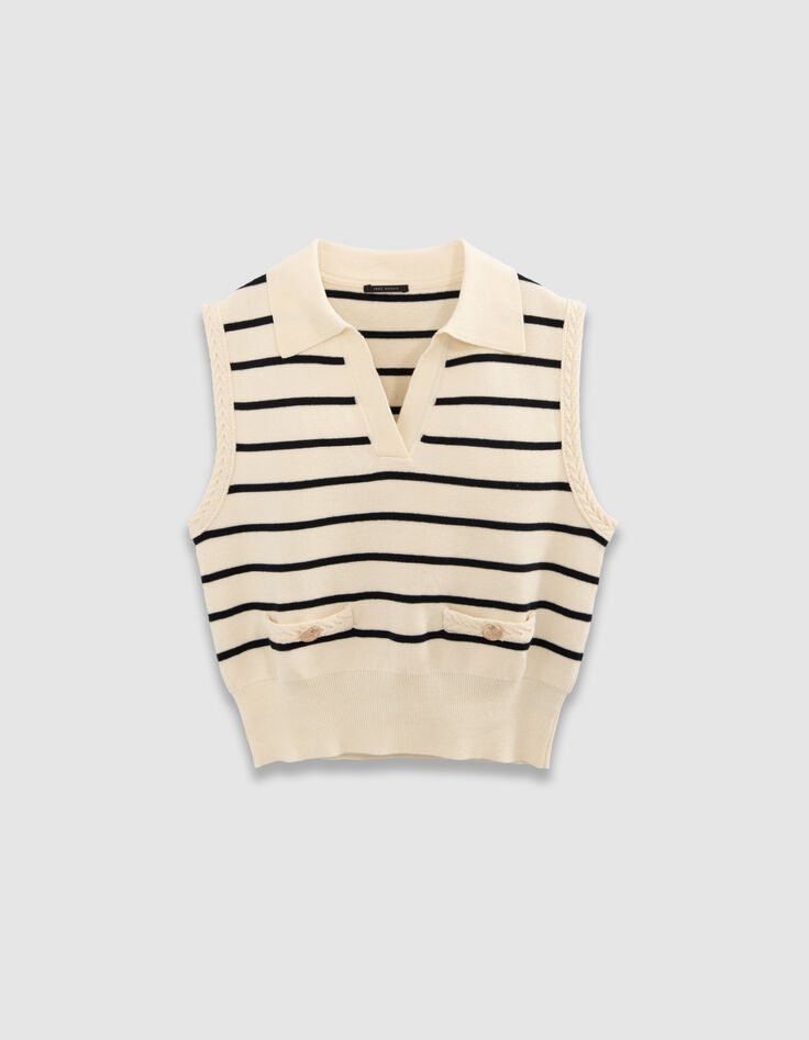 Pull polo blanc tricot rayures marine Femme-5