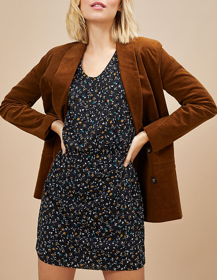 Robe noire imprimé fleurettes floqué pois velours I.Code-1