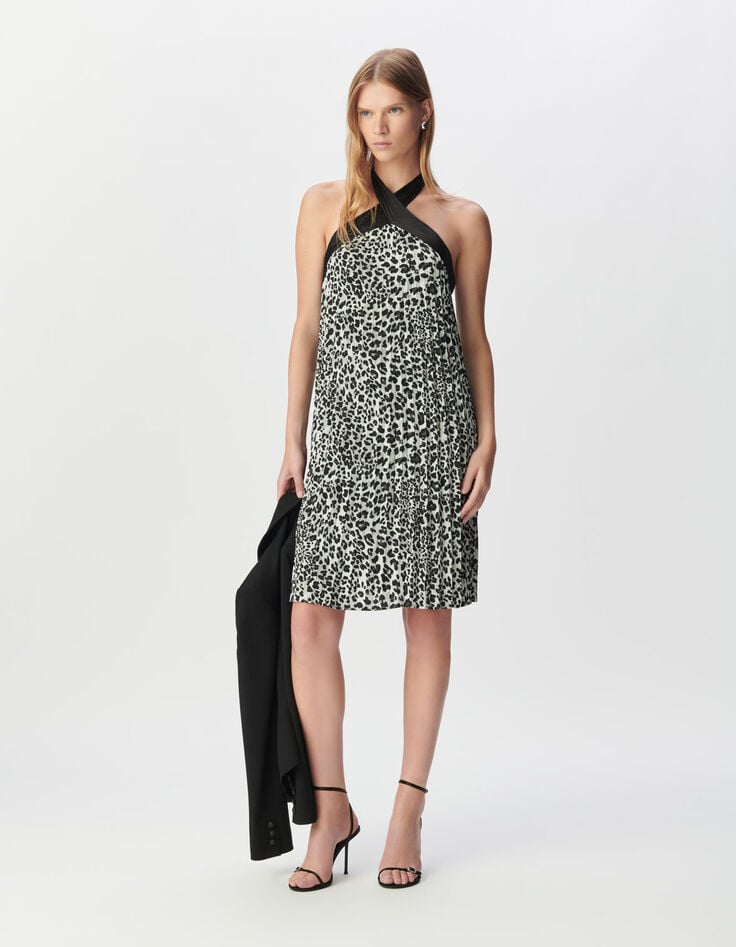 Robe dos-nu plissée grise polyester recyclé panthère Femme-1 Robe dos-nu plissée grise polyester recyclé panthère Femme-1