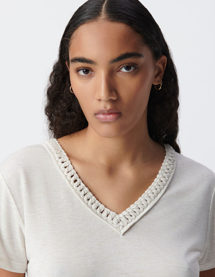 Tee-shirt blanc tressage encolure V Femme-4
