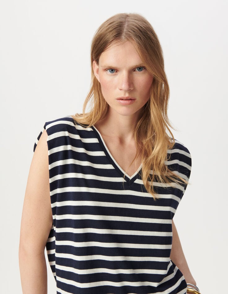 Women's navy and white striped sailor t-shirt with shoulder pads-4 Women's navy and white striped sailor t-shirt with shoulder pads-4