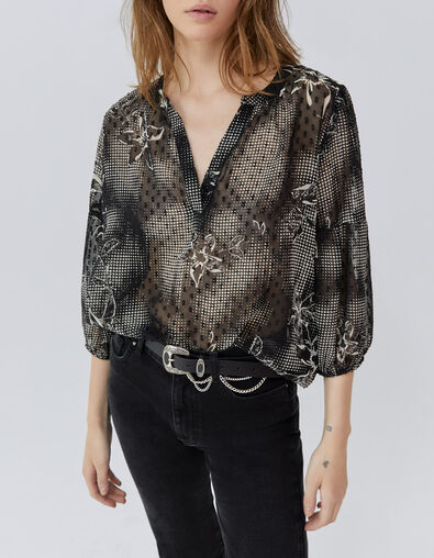 Women’s black blouse with ecru dandy flower print - IKKS