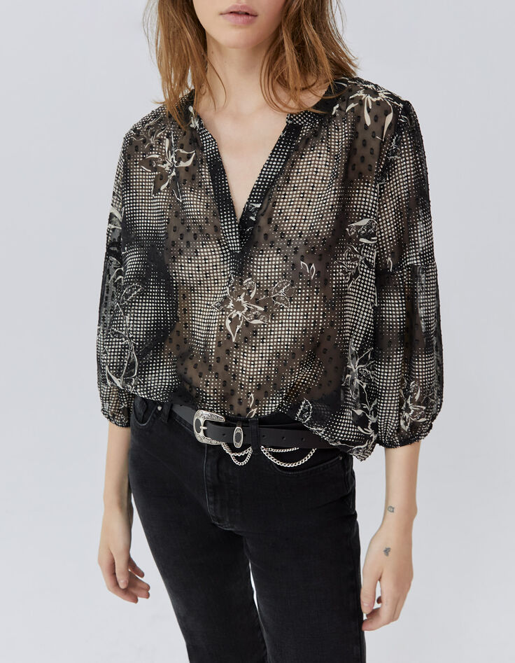 Women’s black blouse with ecru dandy flower print-1 Women’s black blouse with ecru dandy flower print-1