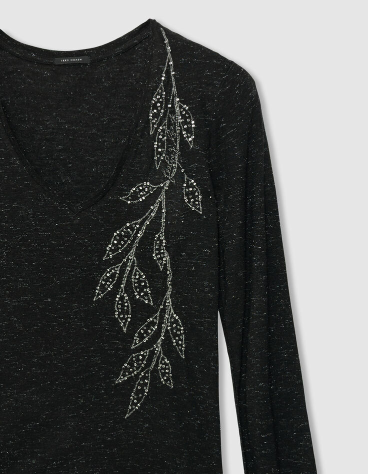 Zwart T-shirt glitters borduursel bloemen Dames-6