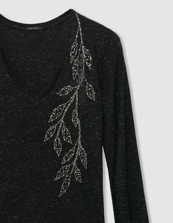 Zwart T-shirt glitters borduursel bloemen Dames-6 Zwart T-shirt glitters borduursel bloemen Dames-6