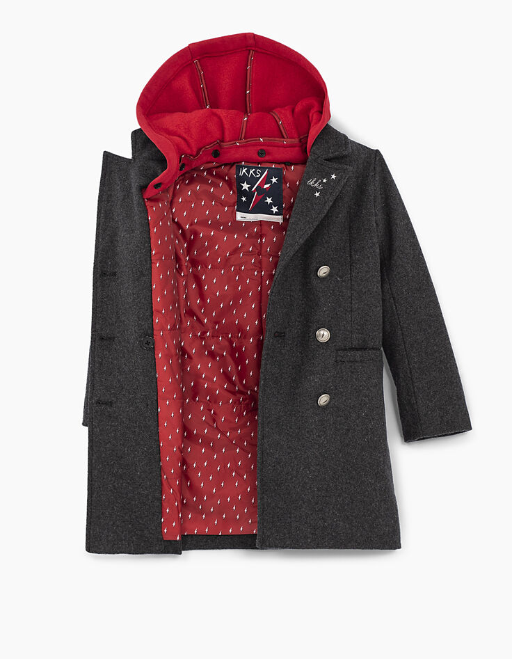 Girls’ grey coat, removable red sweatshirt fabric hood-3