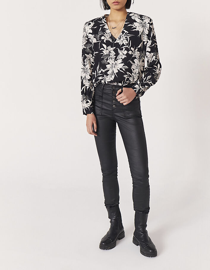 Women's black and white floral print crepe blouse-4