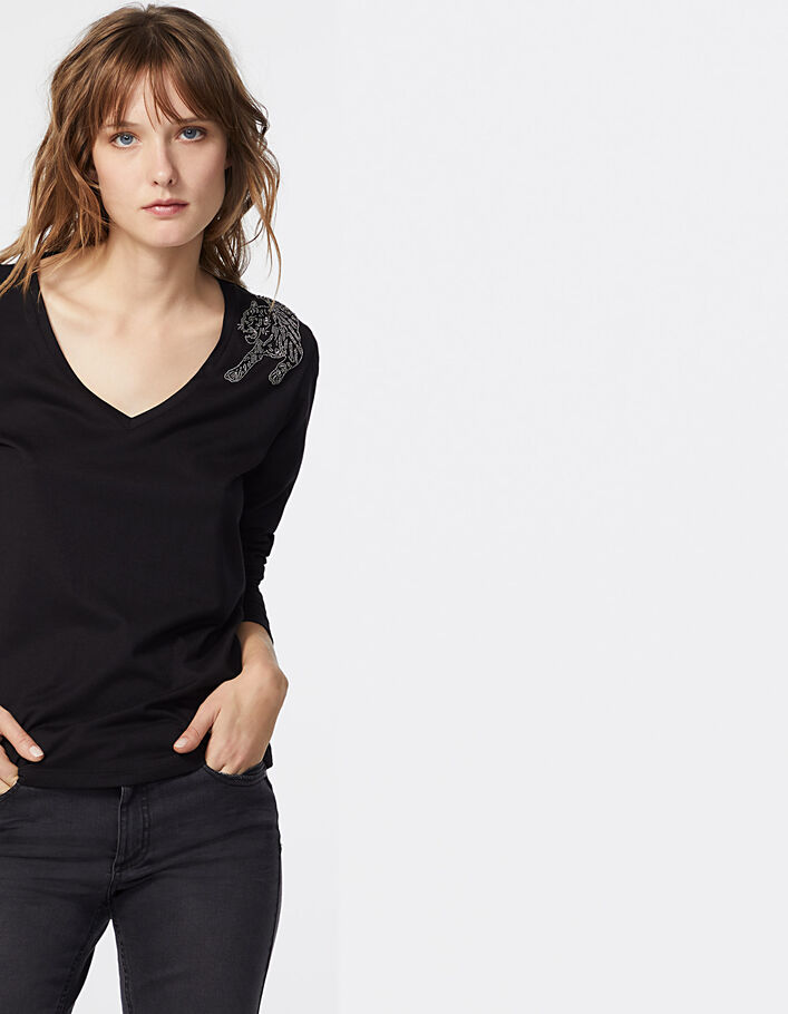 Women’s black embroidered shoulder long-sleeve T-shirt - IKKS