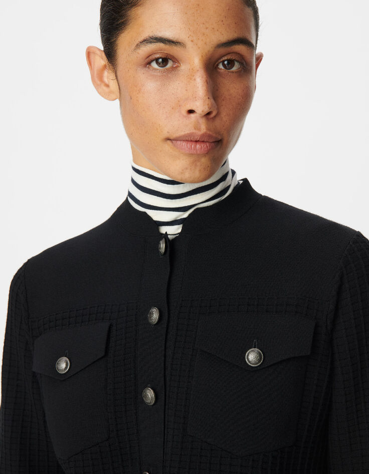 Cardigan noir tricot relief &agrave; poches plaqu&eacute;es Femme-5