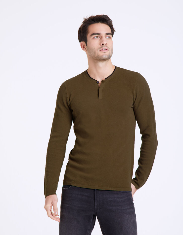 Pull kaki en maille reliefée avec col tunisien Homme-4