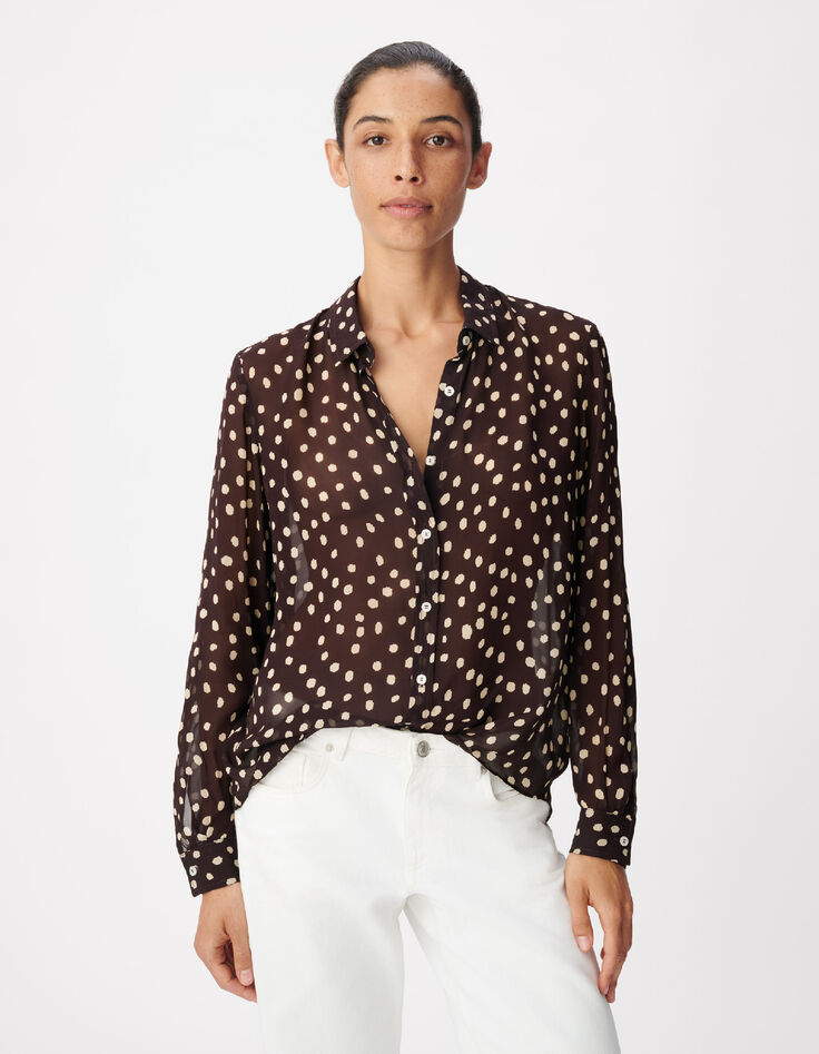 Chemise marron fluide voile imprim&eacute; pois Femme-1