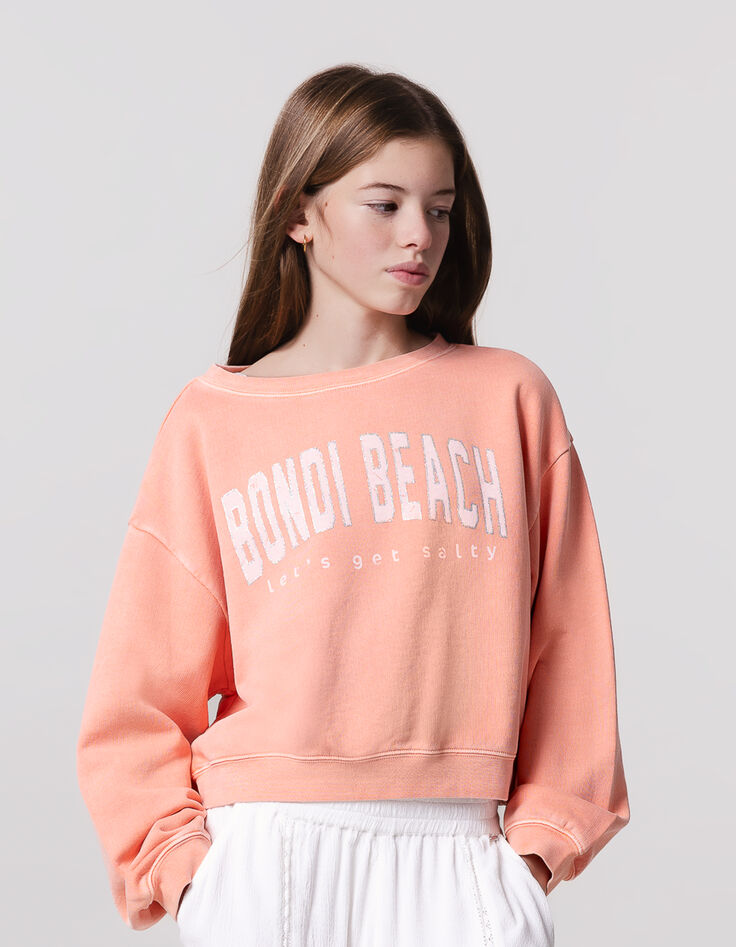 Sweat orange cropped message pailleté fille-1
